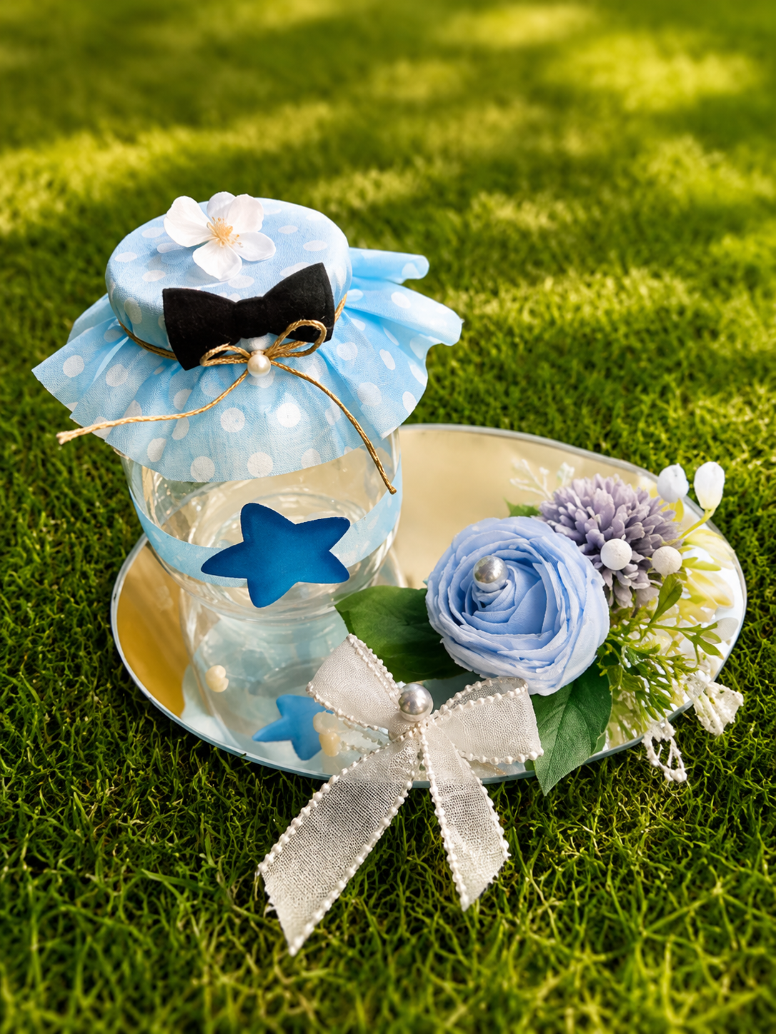 Baby Boy Favor Jar – Polka Dot Fabric Topper