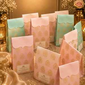 Pastel Gold-Damask Scalloped Favor Boxes Bags