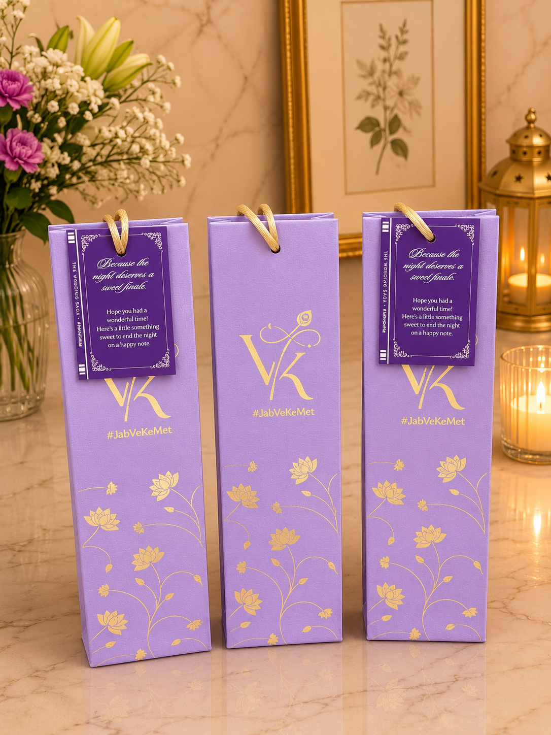 Elegant Lavender Wedding Gift Bags with Gold Floral Print
