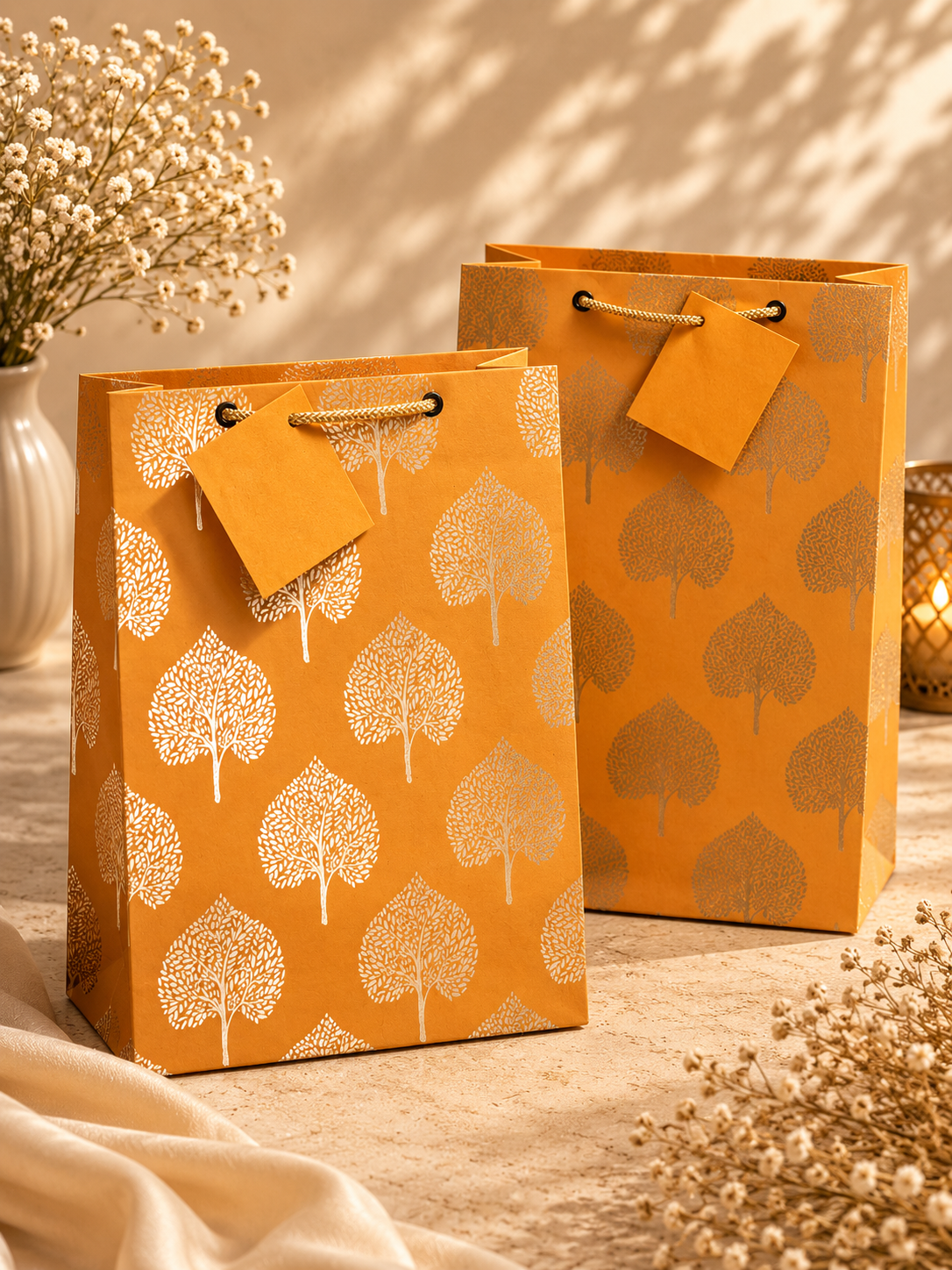 Mustard Gold Tree Pattern Gift Bags