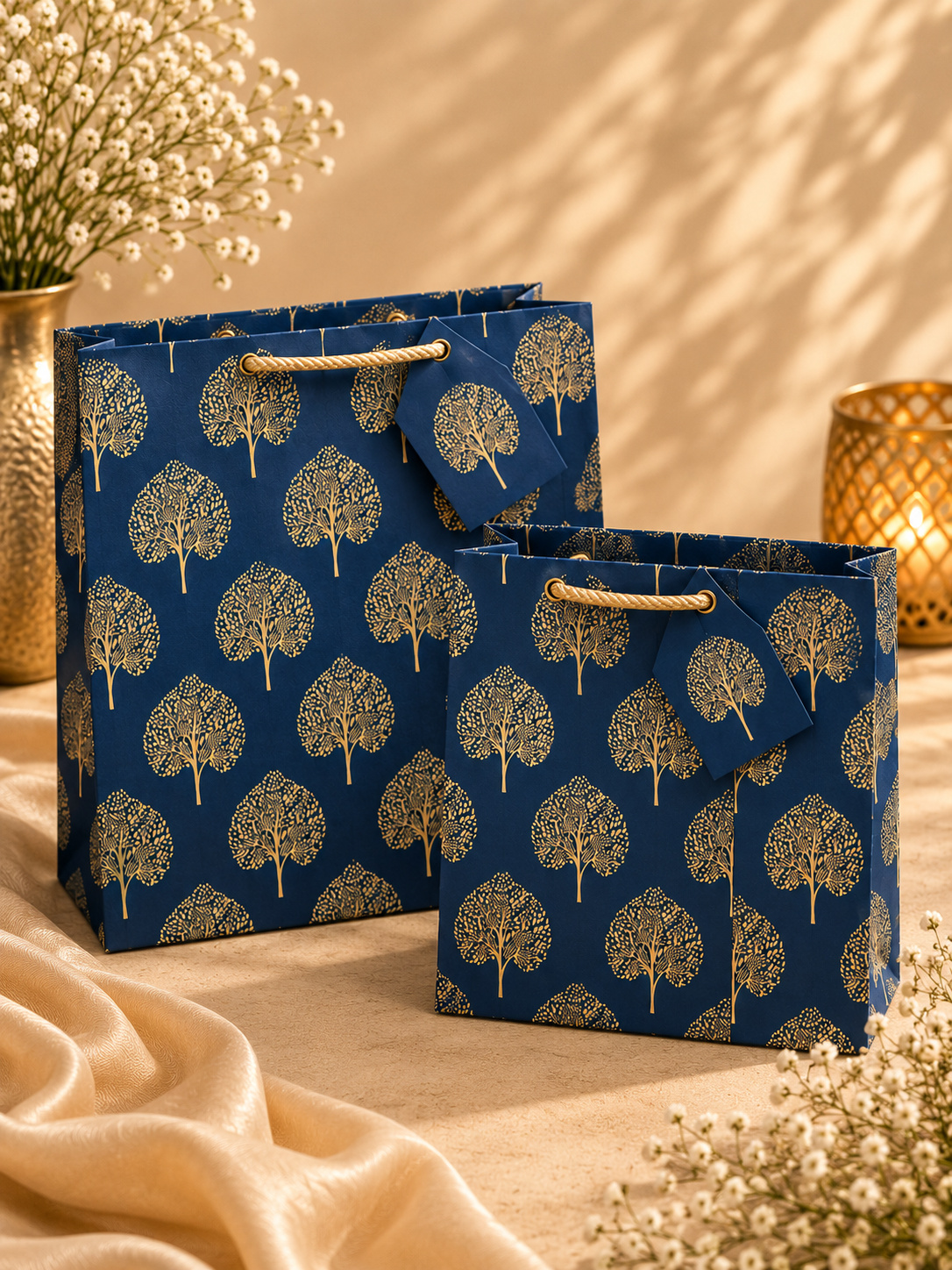 Navy Blue & Gold Tree Pattern Gift Bags