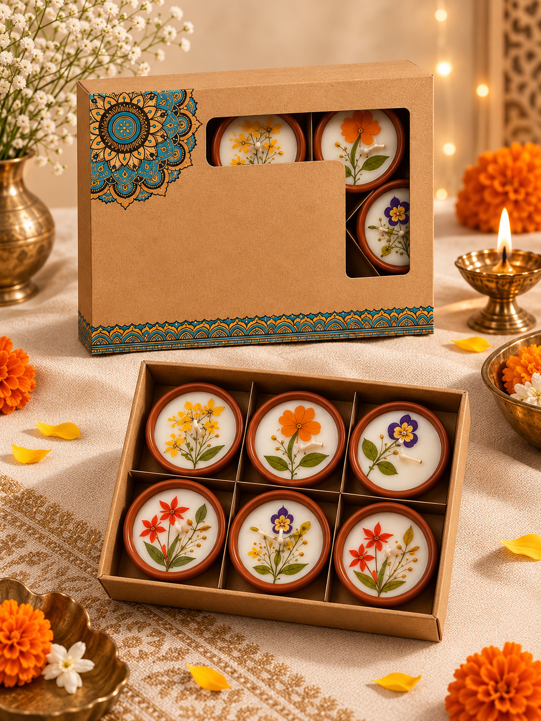 Handcrafted Terracotta Wax Diya Gift Set – Set of 6